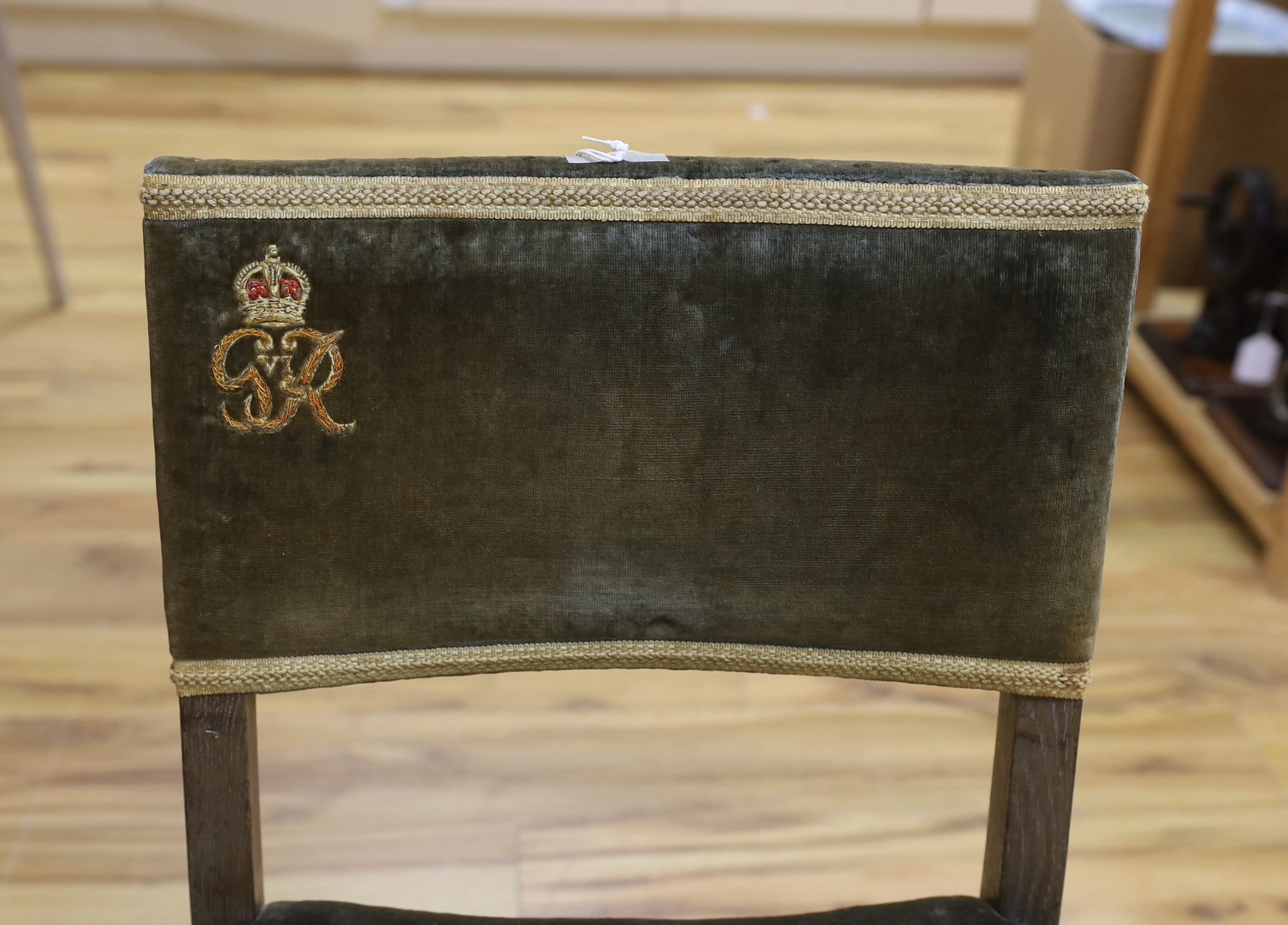 A George VI oak Coronation chair, width 49cm, depth 38cm, height 85cm